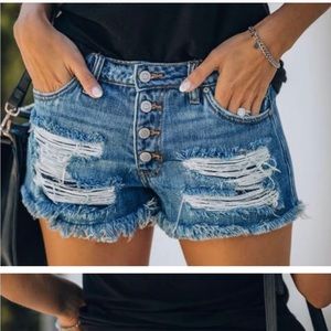KanCan Button Fly Distressed Jean Shorts Frayed Hem Cut off Denim